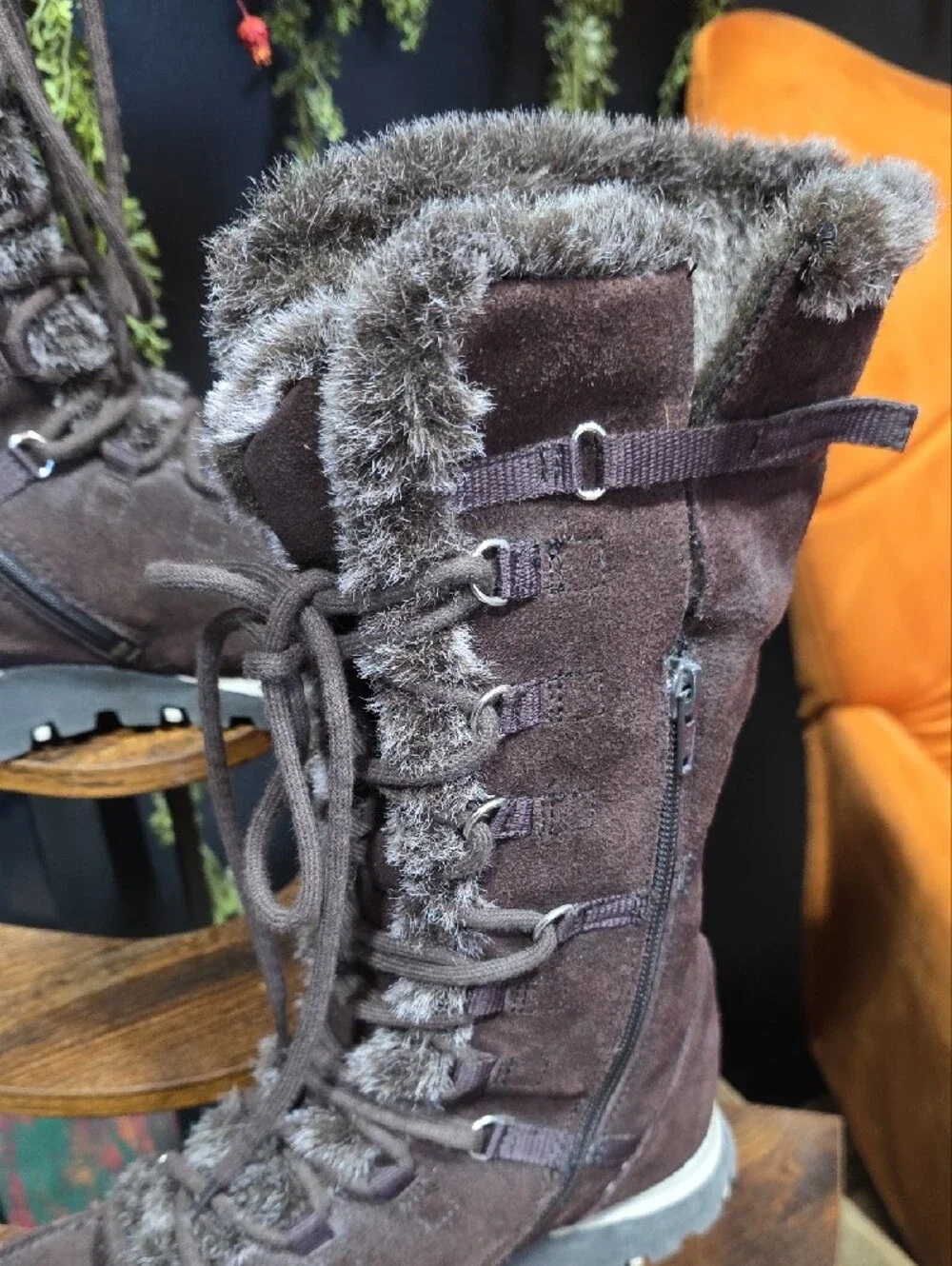 Skechers Women's Dark Brown Suede & Faux Fur-Lined Lace-Up Winter Boots